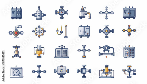 A collection of pixel-art style industrial icons featuring various machinery, valves, control panels, and mechanical components on a white background.