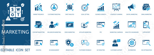  Digital Marketing Icon Set. featuring swot analysis, sco optimization, ppc, content marketing, and brand value concepts.