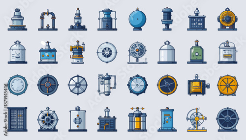 A grid of pixel art icons depicting various industrial and mechanical components, gauges, and machinery elements in a consistent blue and grey color scheme.