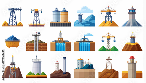 A collection of various industrial structures, towers, and facilities including oil rigs, power lines, silos, lighthouses, and construction cranes in a flat vector style.