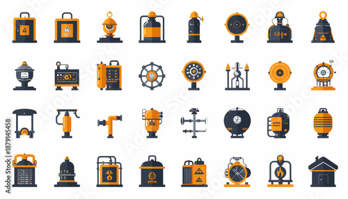 A grid of various industrial icons and safety equipment in yellow and dark grey, featuring tools, containers, and machinery on a white background.