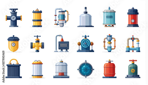 A collection of diverse industrial equipment, including tanks, valves, filters, and processing units, depicted as colorful icons.