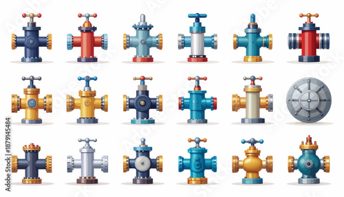 A diverse collection of colorful industrial valves and hydrants in various designs, suitable for plumbing, water systems, and infrastructure applications.