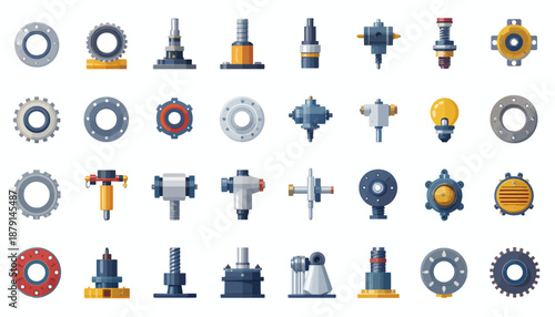 Collection of various industrial mechanical parts, gears, bearings, and machine components in a flat design style.