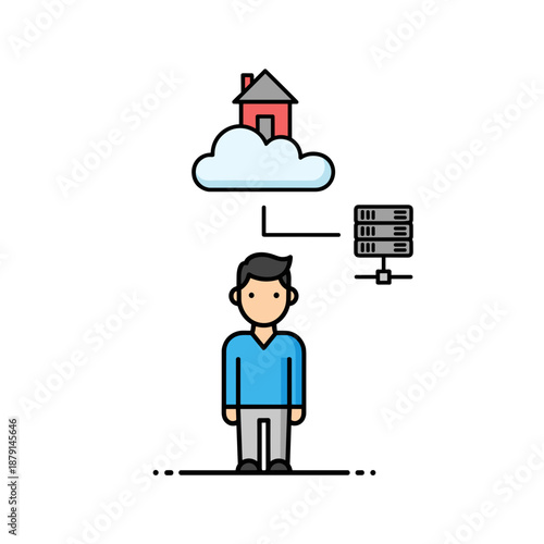 person standing with cloud computing and web server icons for technology blogs, hosting websites, digital business presentations, network education and data storage infographics, with copy space