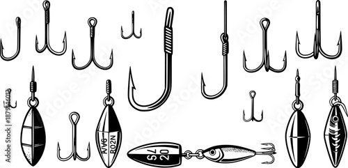 Fishing hook equipment and metal tackle tool for bait and lure angling recreation – Black Vector Illustration