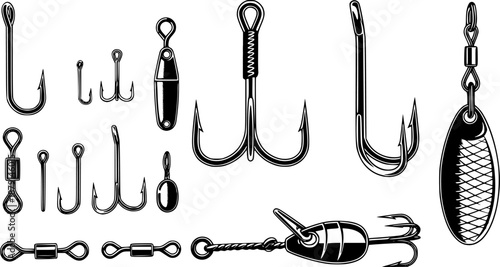 Fishing hook equipment and metal tackle tool for bait and lure angling recreation – Black Vector Illustration