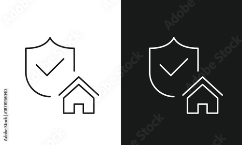Home Insurance and Residential Property Protection Icon, Secure House with Shield Verification Vector Line Art for Real Estate Safety, Mortgage Guarantee, and Building Security Branding
