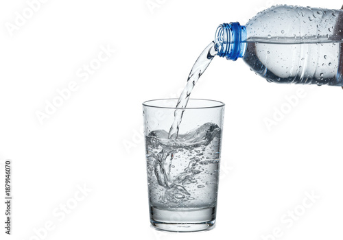 Wallpaper Mural Clear mineral water pours from a chilled pet bottle with blue cap into a faceted glass, showing effervescence, condensation on white background. Concept for beverage advertising. Torontodigital.ca