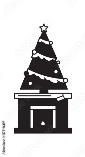 Silhouette of a Christmas tree atop a mantelpiece in a cozy black and white home setting.