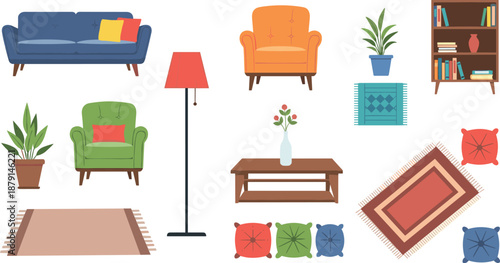 A collection of colorful living room furniture and decor items on transparent background