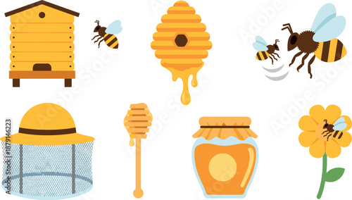 A collection of beekeeping equipment and bees arranged on transparent background