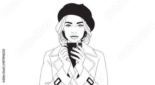 Minimalist line drawing of a stylish woman wearing a beanie and scarf.