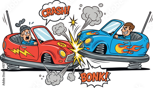 Two cartoon bumper cars collide with a loud crash on transparent background