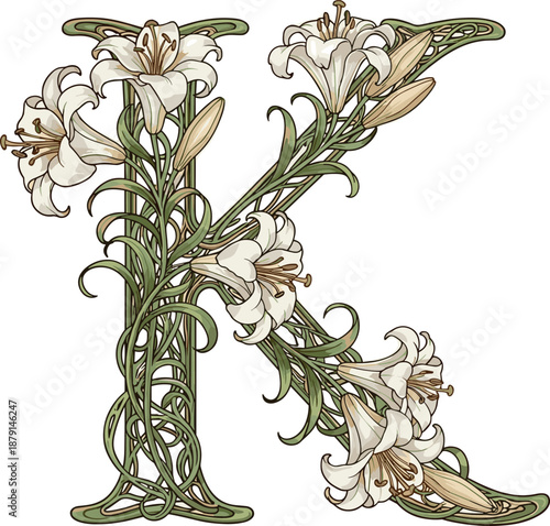 A detailed illustration of a letter K adorned with elegant white lilies on transparent background