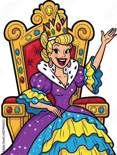 A cartoon depiction of a cheerful princess sitting on a golden throne with a joyful expression on her face on transparent background