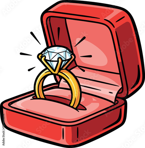 A red jewelry box with an engagement ring and diamond on transparent background