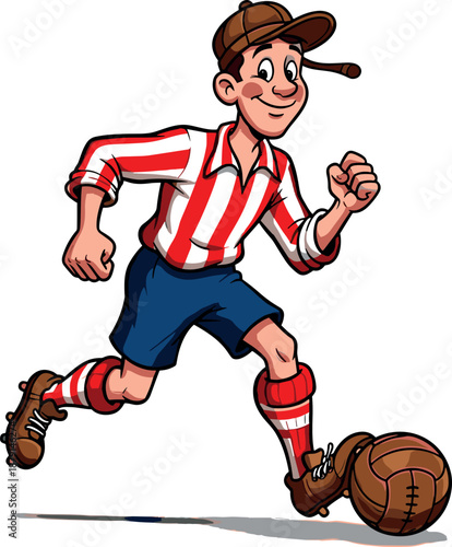 A cartoon boy dressed in a red and white striped soccer jersey kicking a soccer ball on transparent background