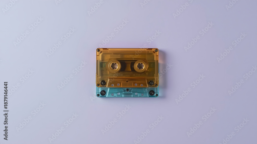 Obraz premium A retro cassette tape on a pastel background. Colorful music closeup.