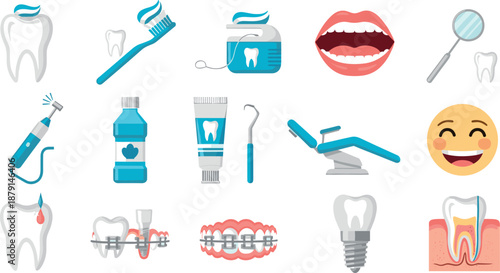 A collection of dental health care items displayed on transparent background