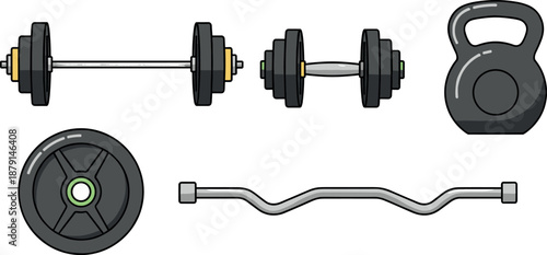 A collection of various gym equipment including dumbbells a kettlebell a barbell and a weight plate on transparent background