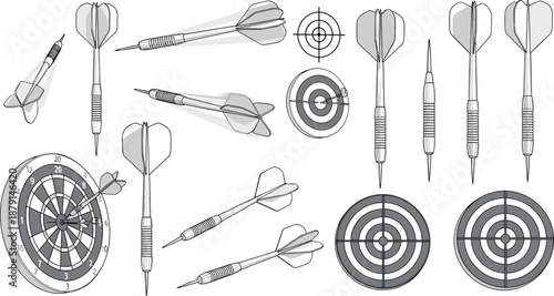 A collection of darts and target boards arranged on a white surface on transparent background