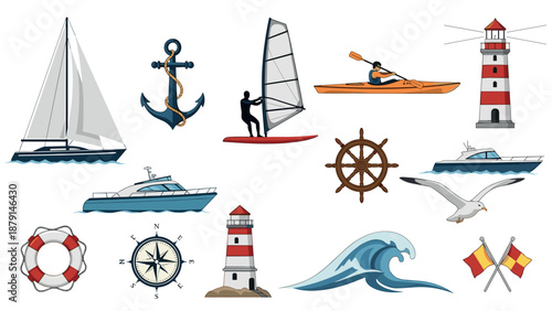 A collection of various nautical and maritime symbols presented on transparent background