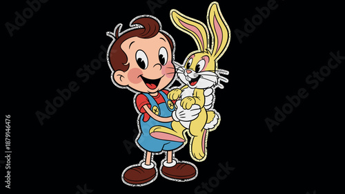 A young boy dressed as a princess holding a bunny character on transparent background