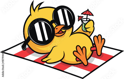 A cute cartoon duck is relaxing on a striped towel while enjoying a drink with sunglasses on transparent background