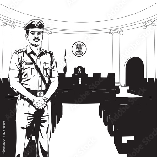 Illustrated scene of a security guard standing before arches and fortress ruins.