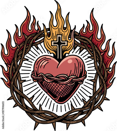 A Gothic styled heart encased in barbed wire with a cross on top on transparent background