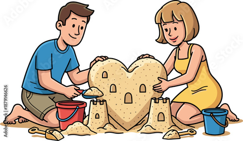 A young boy and girl building a large sandcastle on a sandy beach on transparent background