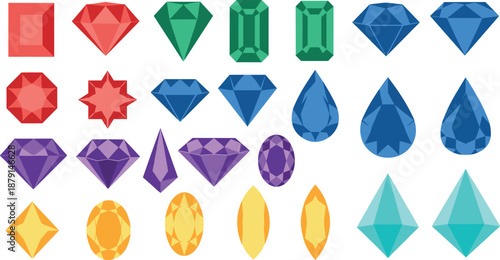 A collection of colorful gemstones and diamonds in various shapes on transparent background