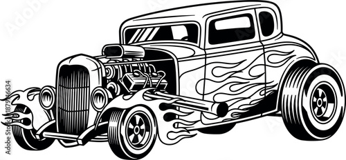 A vintage hot rod car with flame decals on transparent background
