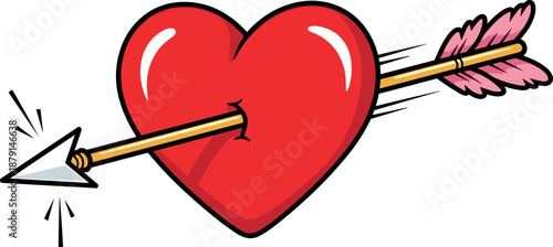 A colorful illustration of a red heart pierced by a pink arrow on transparent background