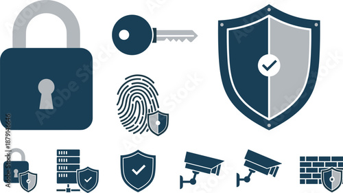 A collection of digital security icons displayed with a focus on protection and privacy on transparent background