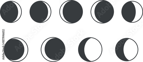 A sequence of moon phases illustrating the lunar cycle on transparent background