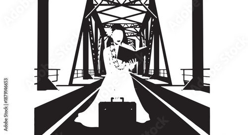 Silhouetted couple sharing a kiss on a steel bridge in an urban scene.