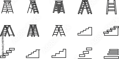 An assortment of black outline ladders displayed on transparent background