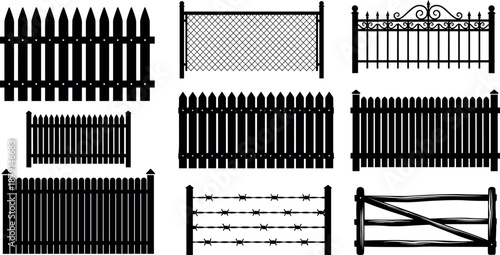 A collection of various fence styles including picket, chain link, and bamboo on transparent background