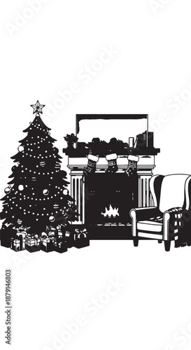 Cozy Christmas Living Room Decor with Tree and Fireplace Scene.