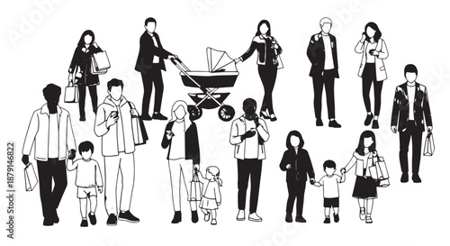 Diverse group of people depicted in a line illustration with adults, children, and families in various poses.