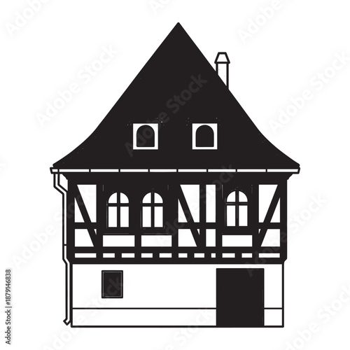 Timber framed historic house with steep roof and decorative windows in a detailed black-and-white illustration.