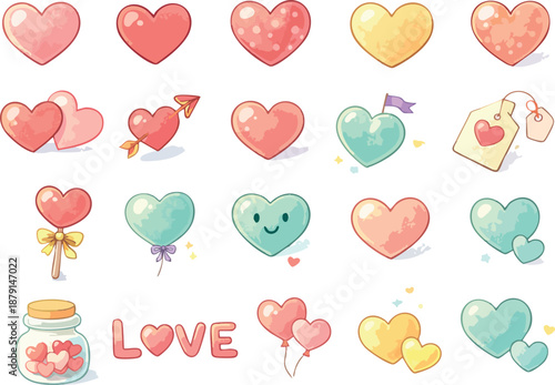 Hand Drawn Valentine Heart Clipart Collection – Cute Pastel Hearts, Romantic Love Symbols and Sweet Doodles for Scrapbooking, Stickers and Printable Designs.