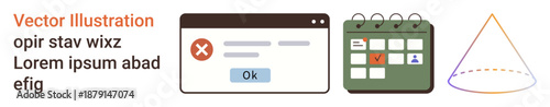 Digital tools, scheduling, error handling, geometry, education, data visualization. Error popup window, calendar interface triangle diagram. Scheduling and error handling concepts