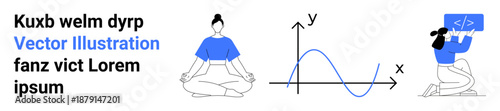 Mindfulness, education, programming, mathematics, data visualization, focus practices. Woman meditating, sine graph coding illustration. Mindfulness and education-related art and visuals