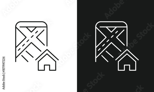 Real Estate Navigation and Property Location Icon, Mobile Map App with House Symbol Vector Line Art for GPS Tracking, Neighborhood Search, and Home Delivery Logistics
