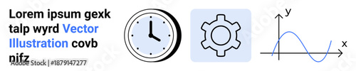 Clock symbolizing time management, gear for process automation, and graph for data analysis or tracking trends. Ideal for productivity, efficiency, strategy, planning, data visualization, workflow