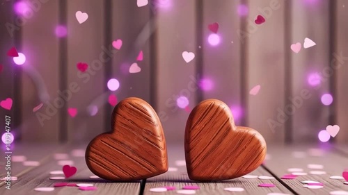 Two wooden heart shapes sit on a table amidst falling pink and purple hearts.