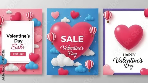 Valentine's Day sale banners with heart balloons and clouds in pastel colors